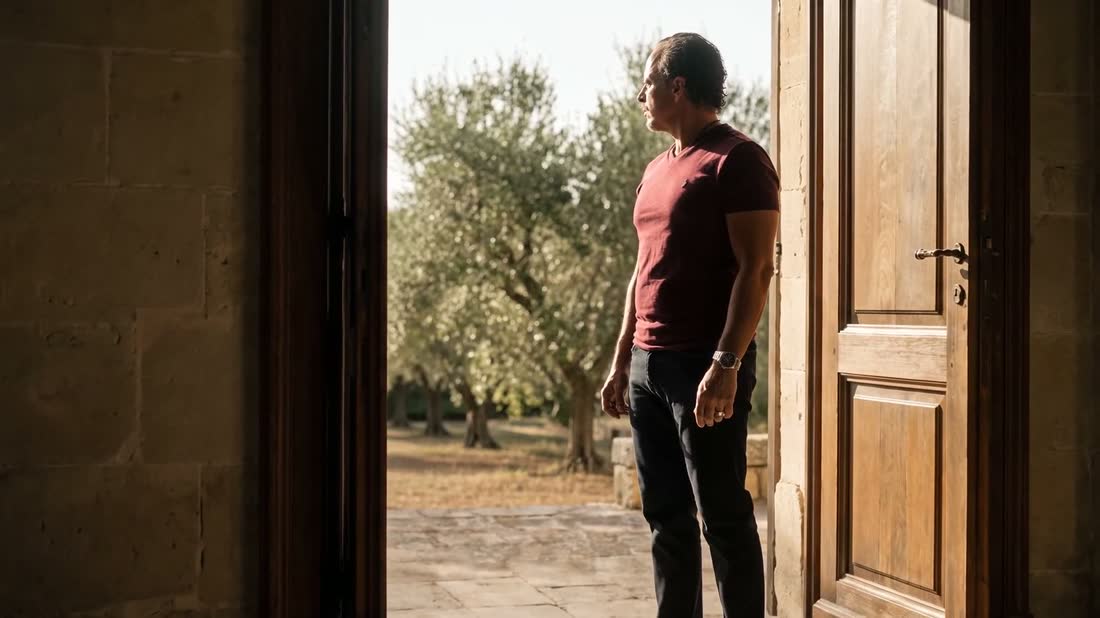 A man standing in the open doorway of a historic stone house in early morning light.