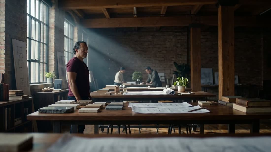 A studio of walnut worktables covered with drawings, stone samples and old books in window light.