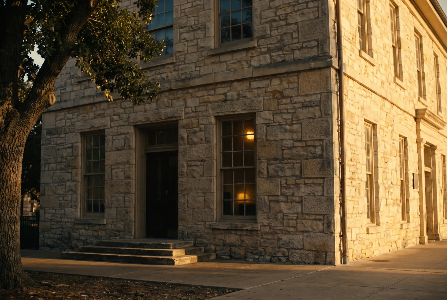 The restored limestone facade of a nineteenth-century civic hall in low afternoon light.