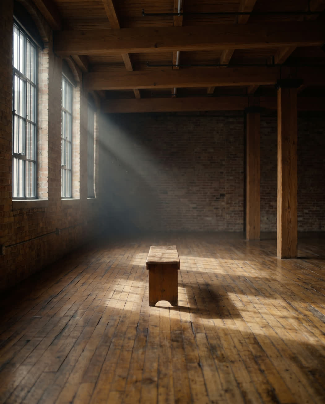 The restored interior of an old brick mill with heavy timber posts and a shaft of daylight.