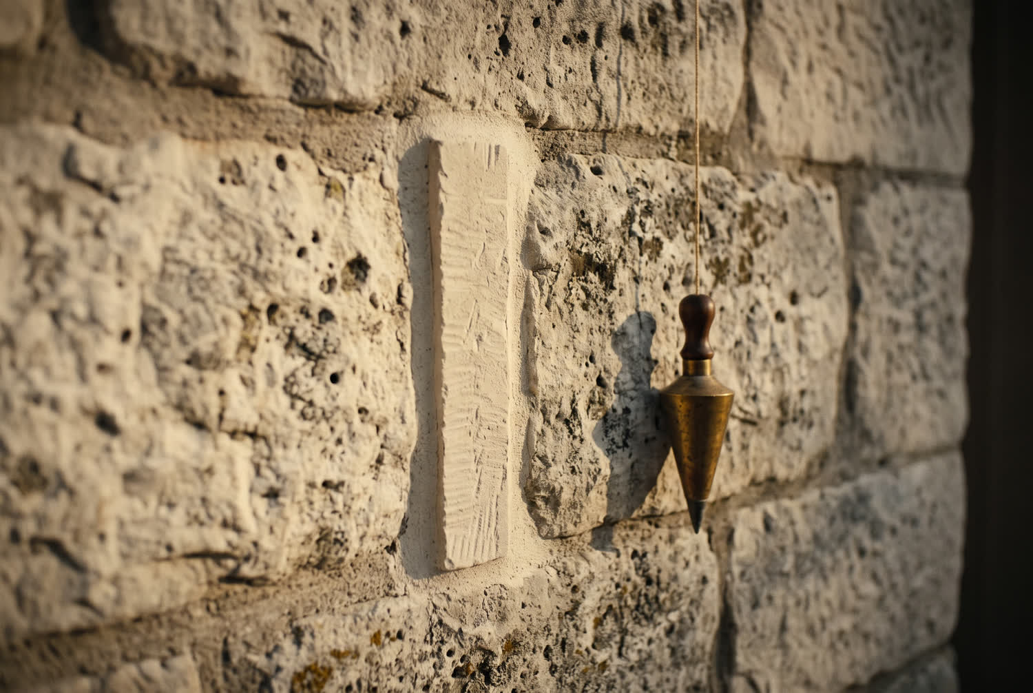 A close study of new cut stone set beside weathered original limestone, the joint left visible.