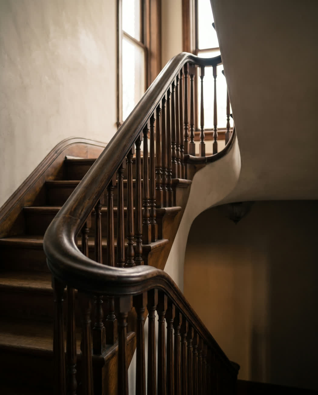 A restored walnut staircase with a handrail worn smooth, lit from a landing window above.