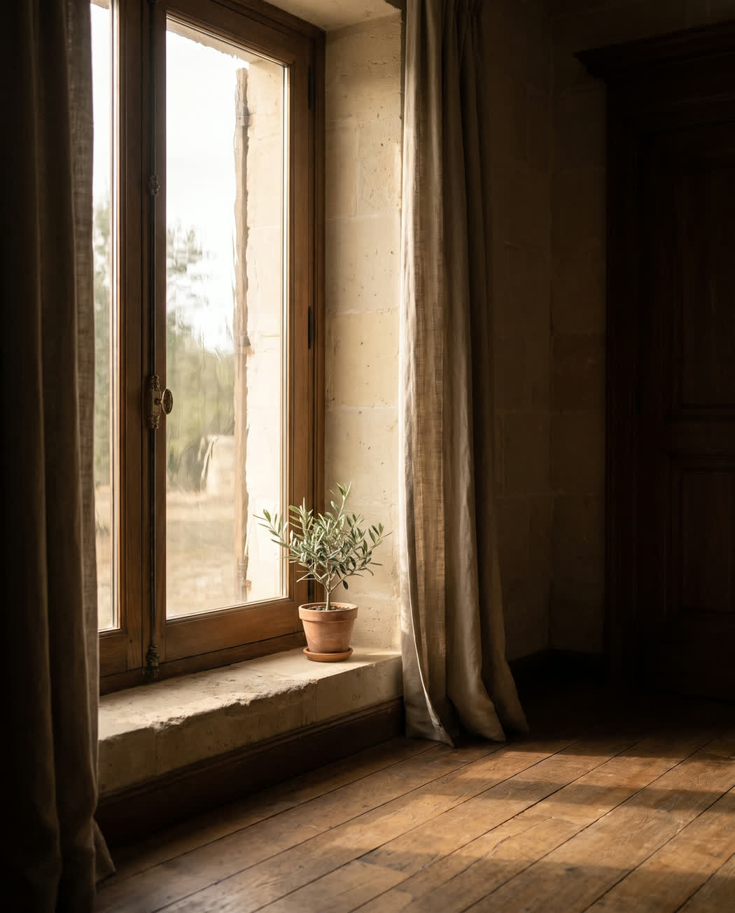 A tall restored timber window with wavy hand-blown glass and worn brass fittings, light across the sill.